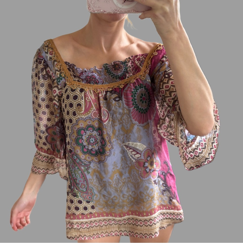 Trinity Silk Boho Peasant Blouse Top Women’s S Multicolor Sheer Vintage Style
